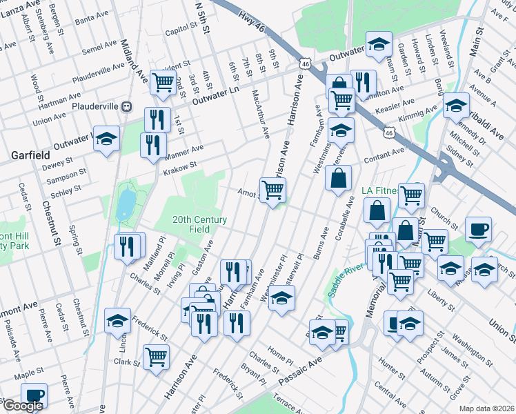 map of restaurants, bars, coffee shops, grocery stores, and more near 399 Harrison Avenue in Garfield