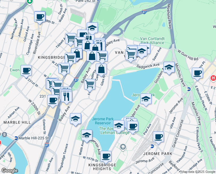 map of restaurants, bars, coffee shops, grocery stores, and more near Sedgwick Avenue in The Bronx