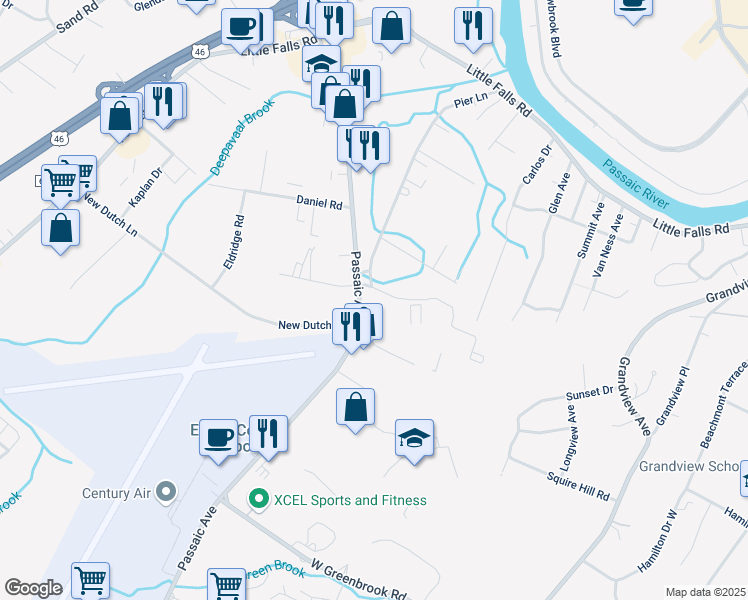 map of restaurants, bars, coffee shops, grocery stores, and more near 264 Passaic Avenue in Fairfield