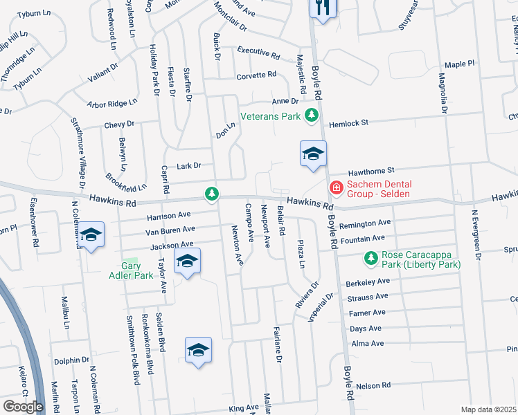 map of restaurants, bars, coffee shops, grocery stores, and more near 10 Newport Avenue in Selden