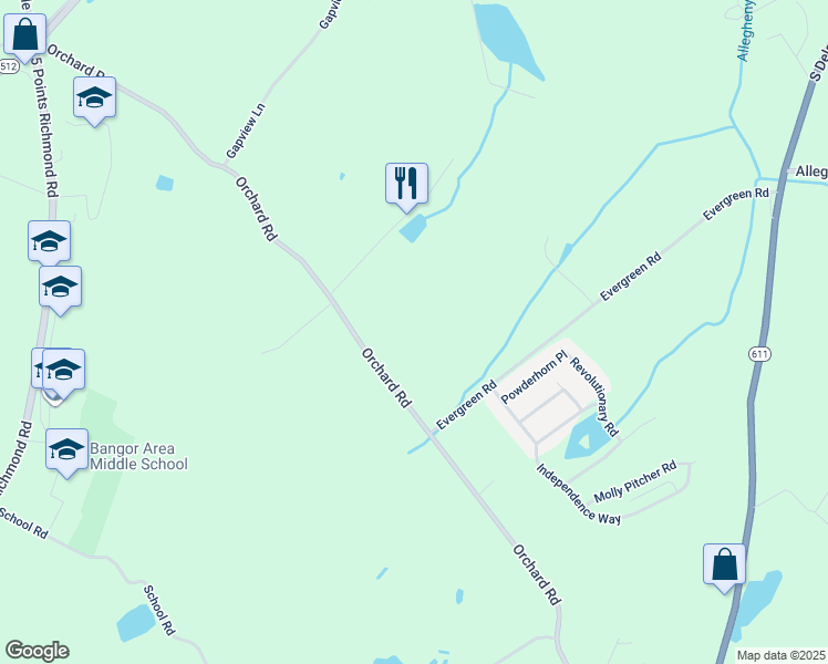 map of restaurants, bars, coffee shops, grocery stores, and more near 673 Orchard Road in Mount Bethel