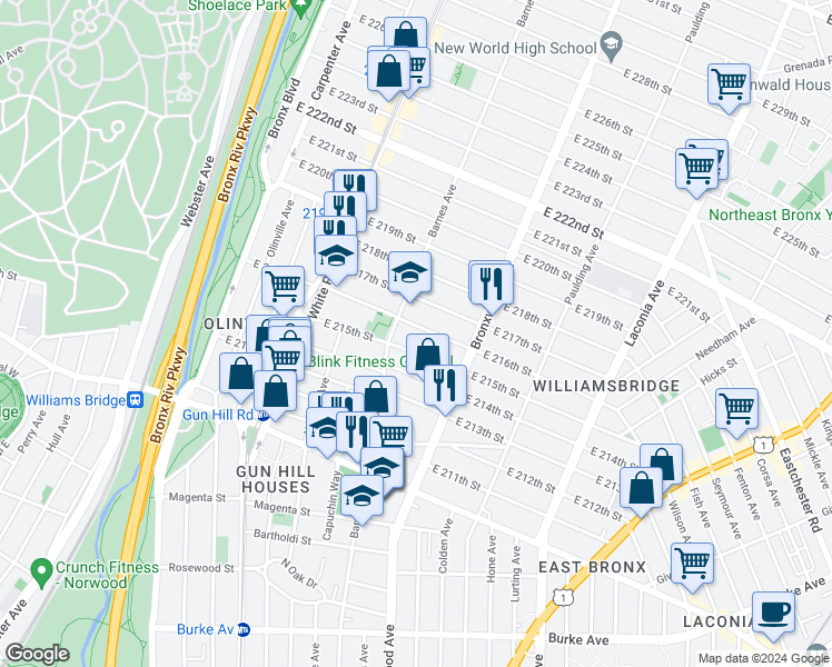 map of restaurants, bars, coffee shops, grocery stores, and more near 837 East 215th Street in Bronx