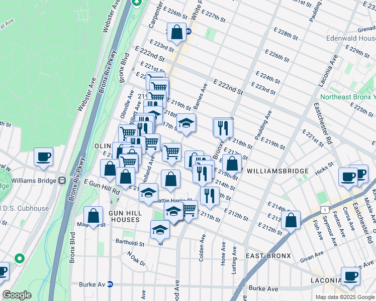 map of restaurants, bars, coffee shops, grocery stores, and more near 837 East 215th Street in Bronx