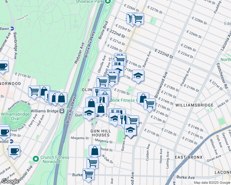 map of restaurants, bars, coffee shops, grocery stores, and more near 706 East 214th Street in Bronx