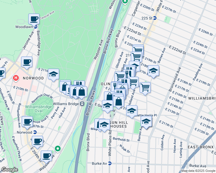 map of restaurants, bars, coffee shops, grocery stores, and more near 3559 Olinville Avenue in Bronx