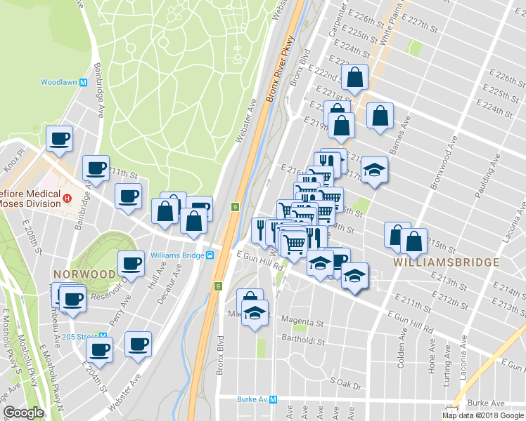 map of restaurants, bars, coffee shops, grocery stores, and more near 3559 Olinville Avenue in Bronx