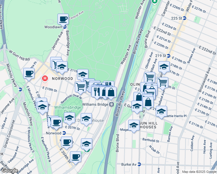 map of restaurants, bars, coffee shops, grocery stores, and more near 3530 Decatur Avenue in Bronx