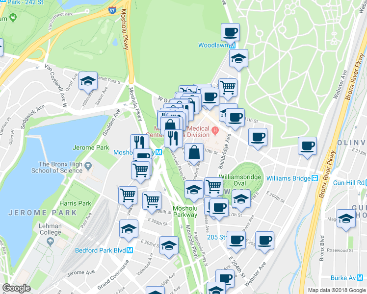map of restaurants, bars, coffee shops, grocery stores, and more near 46 East 208th Street in Bronx