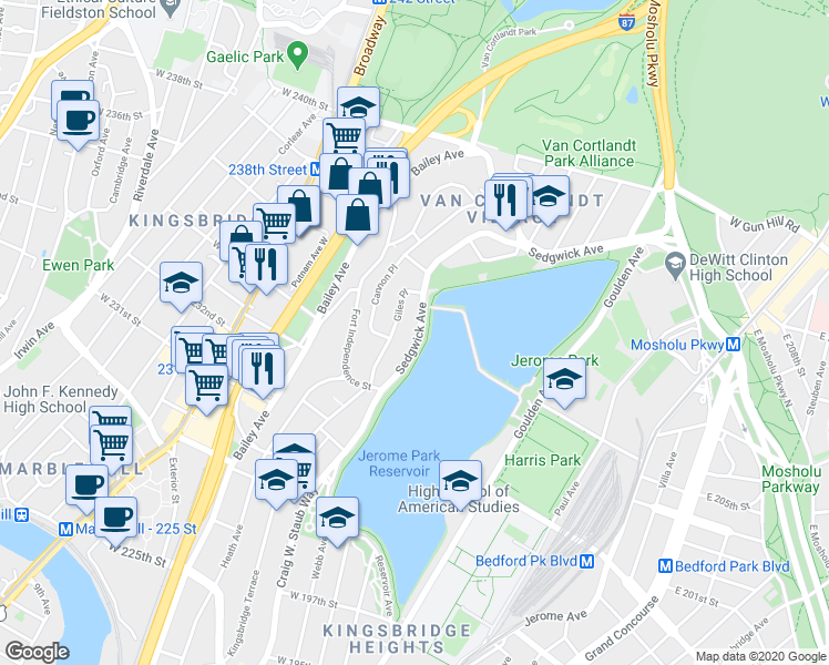 map of restaurants, bars, coffee shops, grocery stores, and more near 3343 Sedgwick Avenue in Bronx