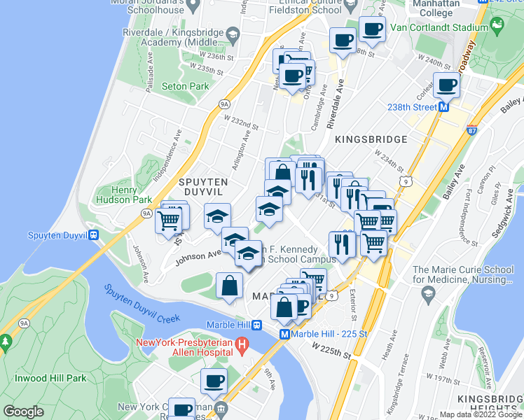 map of restaurants, bars, coffee shops, grocery stores, and more near in The Bronx