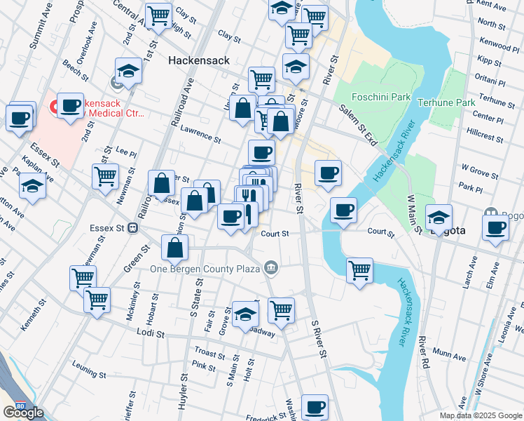 map of restaurants, bars, coffee shops, grocery stores, and more near 41 Main Street in Hackensack