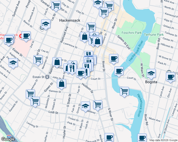 map of restaurants, bars, coffee shops, grocery stores, and more near 41 Main Street in Hackensack
