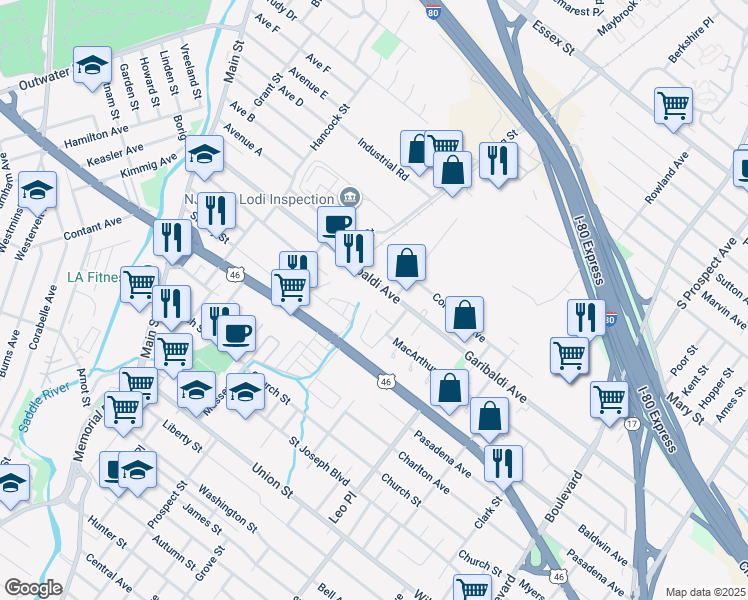 map of restaurants, bars, coffee shops, grocery stores, and more near 250 Garibaldi Avenue in Lodi
