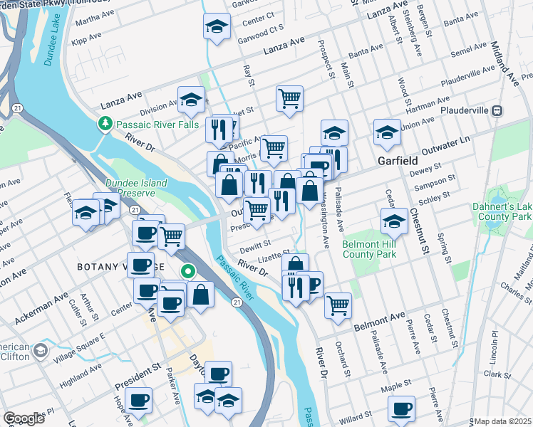 map of restaurants, bars, coffee shops, grocery stores, and more near 57 Franklin Avenue in Garfield