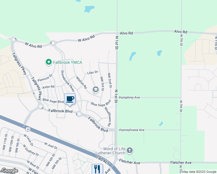 map of restaurants, bars, coffee shops, grocery stores, and more near 6717 Northwest 2nd Street in Lincoln