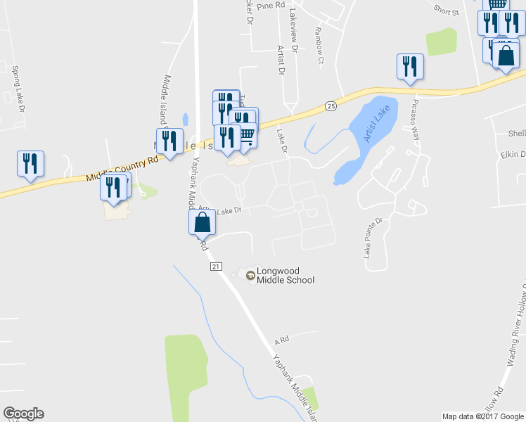 map of restaurants, bars, coffee shops, grocery stores, and more near 323 Artist Lake Drive in Middle Island