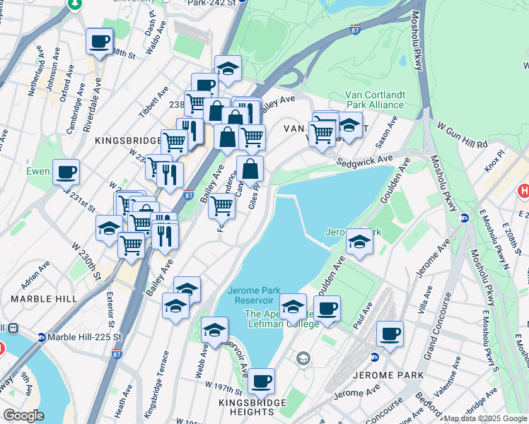 map of restaurants, bars, coffee shops, grocery stores, and more near 3343 Sedgwick Avenue in Bronx