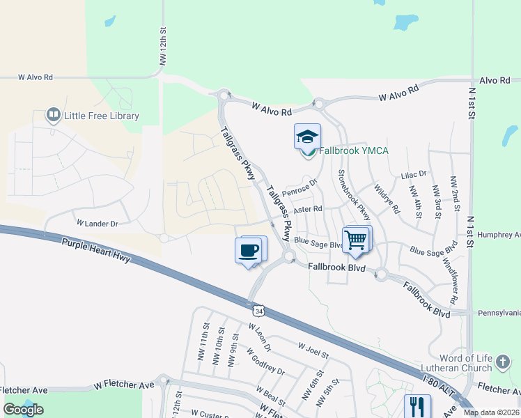 map of restaurants, bars, coffee shops, grocery stores, and more near 801 Aster Road in Lincoln