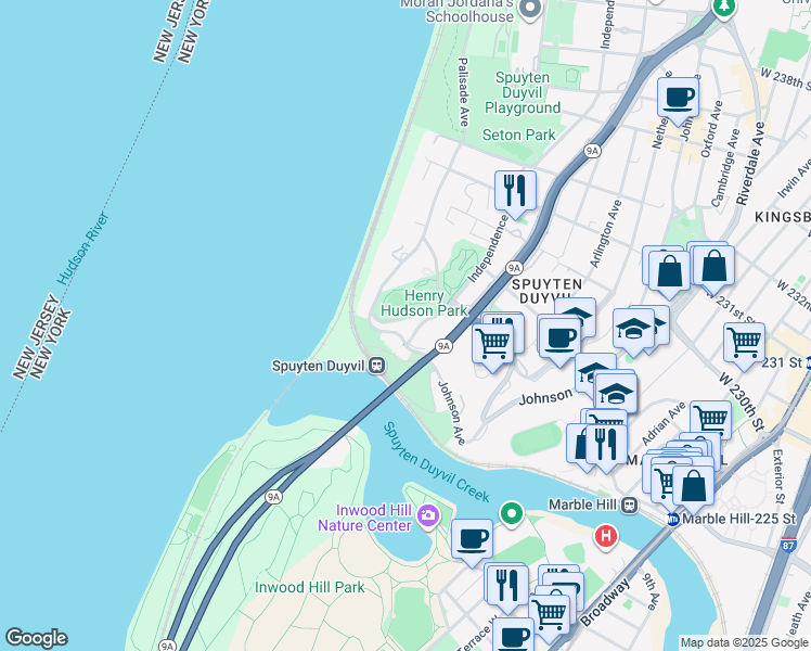 map of restaurants, bars, coffee shops, grocery stores, and more near in The Bronx