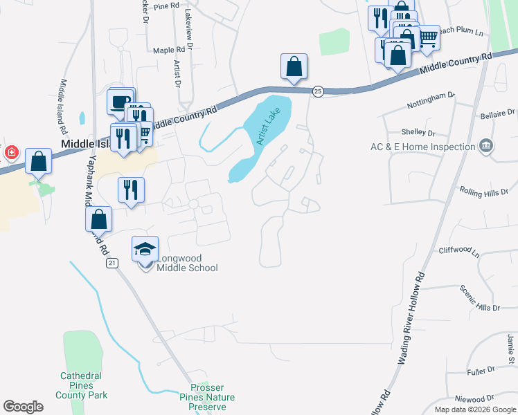 map of restaurants, bars, coffee shops, grocery stores, and more near 306 Lake Pointe Drive in Middle Island