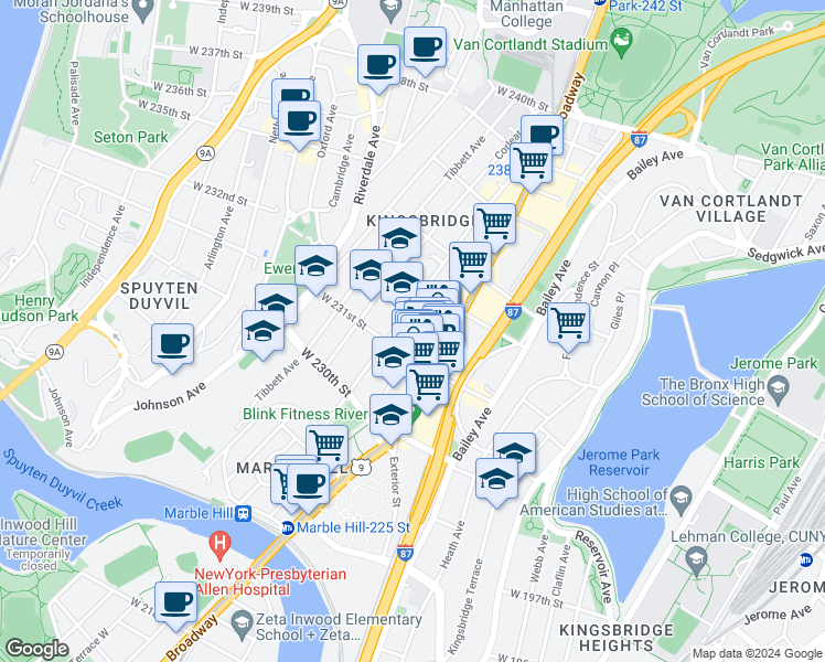 map of restaurants, bars, coffee shops, grocery stores, and more near 235 Naples Terrace in Bronx