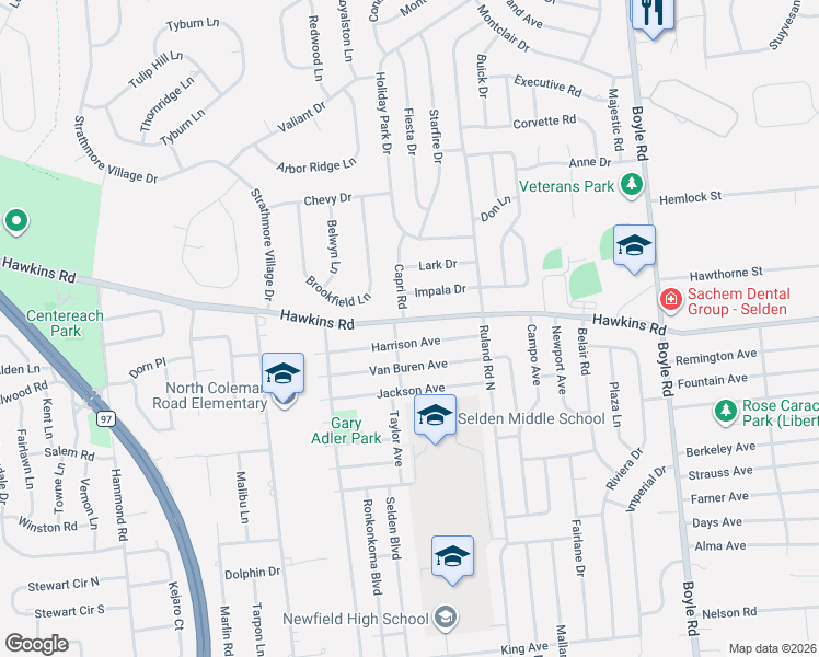 map of restaurants, bars, coffee shops, grocery stores, and more near 31 Taylor Avenue in Centereach