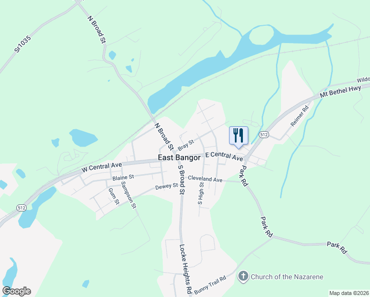 map of restaurants, bars, coffee shops, grocery stores, and more near 22 East Central Avenue in East Bangor