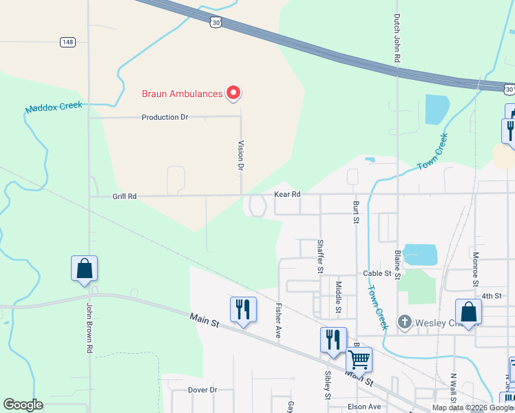 map of restaurants, bars, coffee shops, grocery stores, and more near 1116 Kear Road in Van Wert