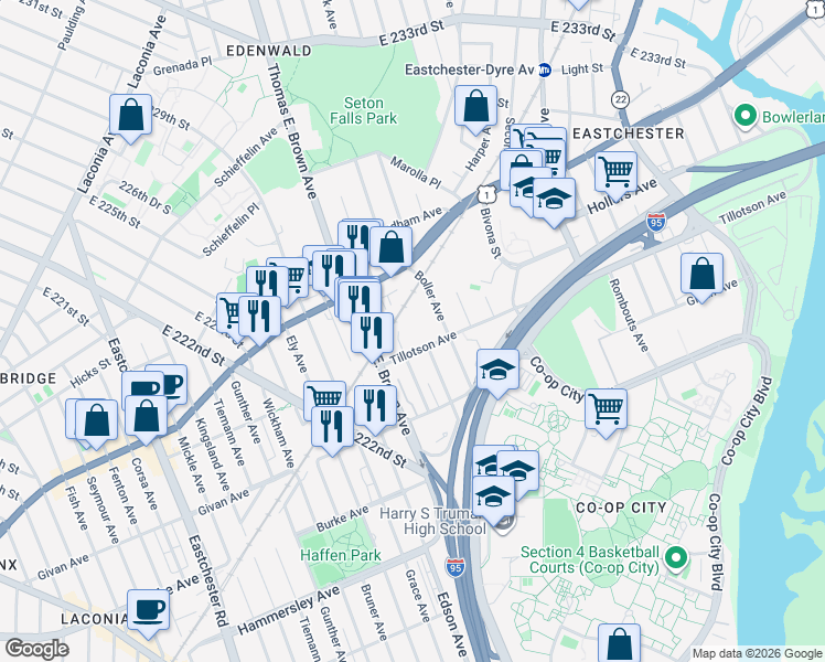 map of restaurants, bars, coffee shops, grocery stores, and more near 2040 Tillotson Avenue in Bronx