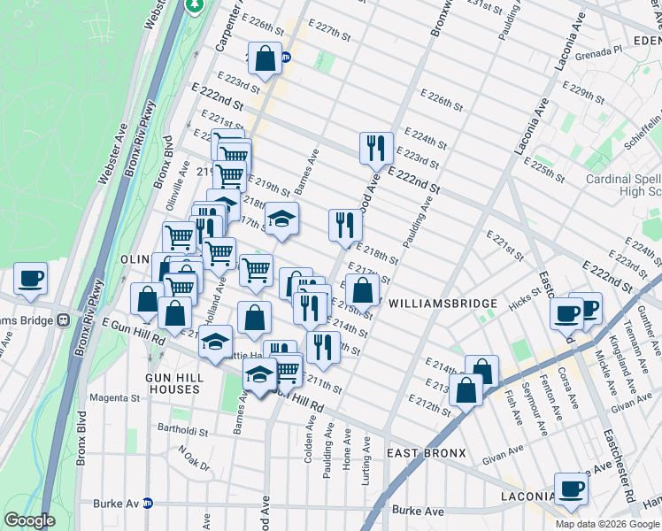 map of restaurants, bars, coffee shops, grocery stores, and more near 874 East 216th Street in Bronx