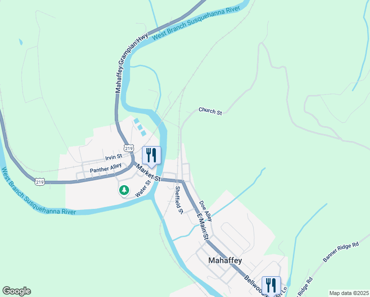 map of restaurants, bars, coffee shops, grocery stores, and more near 116 Church St in Mahaffey