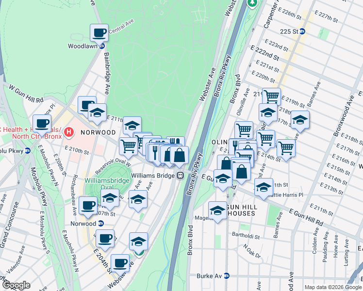 map of restaurants, bars, coffee shops, grocery stores, and more near 3549 Webster Avenue in The Bronx