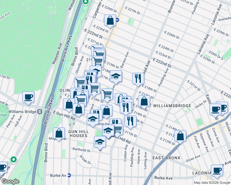map of restaurants, bars, coffee shops, grocery stores, and more near 837 East 215th Street in Bronx