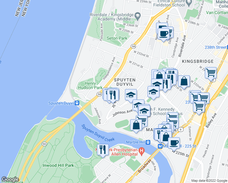 map of restaurants, bars, coffee shops, grocery stores, and more near in The Bronx