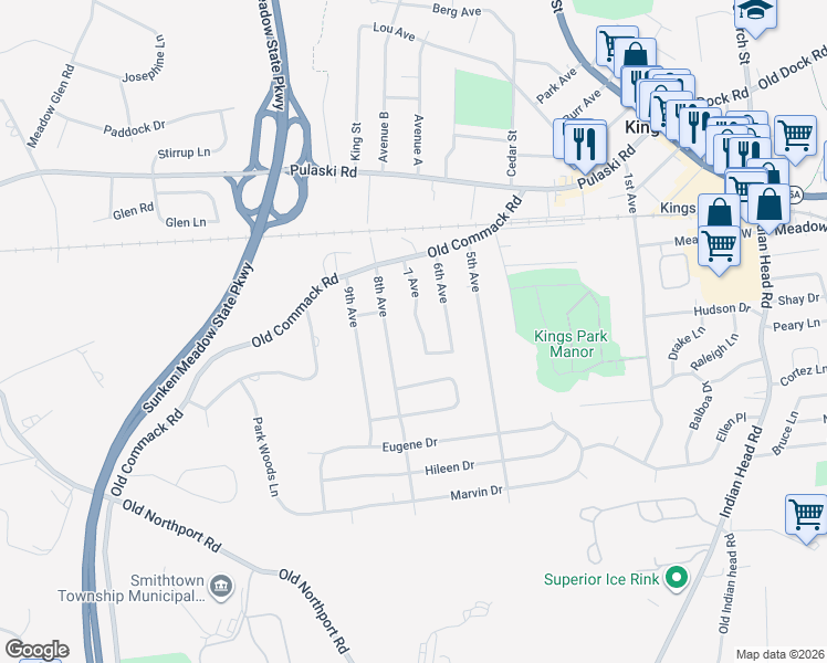 map of restaurants, bars, coffee shops, grocery stores, and more near 73 8th Avenue in Kings Park