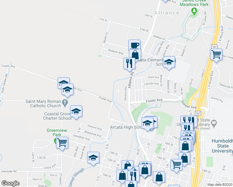 map of restaurants, bars, coffee shops, grocery stores, and more near 2105 Heather Lane in Arcata