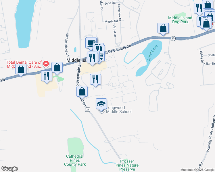 map of restaurants, bars, coffee shops, grocery stores, and more near 294 Artist Lake Drive in Middle Island