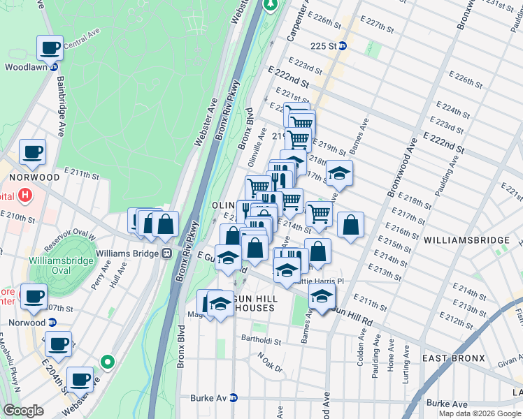 map of restaurants, bars, coffee shops, grocery stores, and more near 679 East 213th Street in Bronx