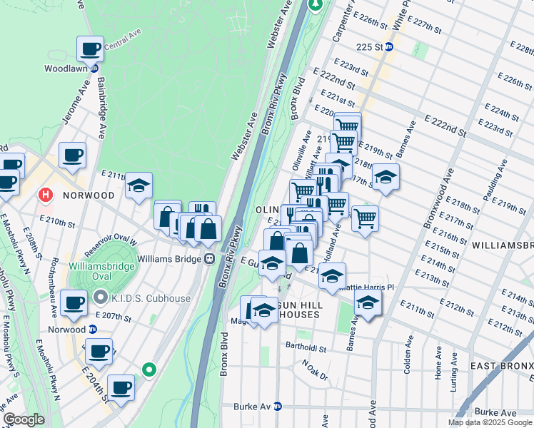 map of restaurants, bars, coffee shops, grocery stores, and more near 3559 Olinville Avenue in Bronx