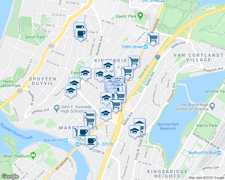 map of restaurants, bars, coffee shops, grocery stores, and more near in The Bronx