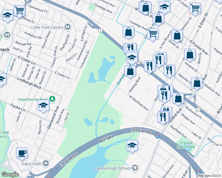 map of restaurants, bars, coffee shops, grocery stores, and more near 145 Cedar Lane in Englewood