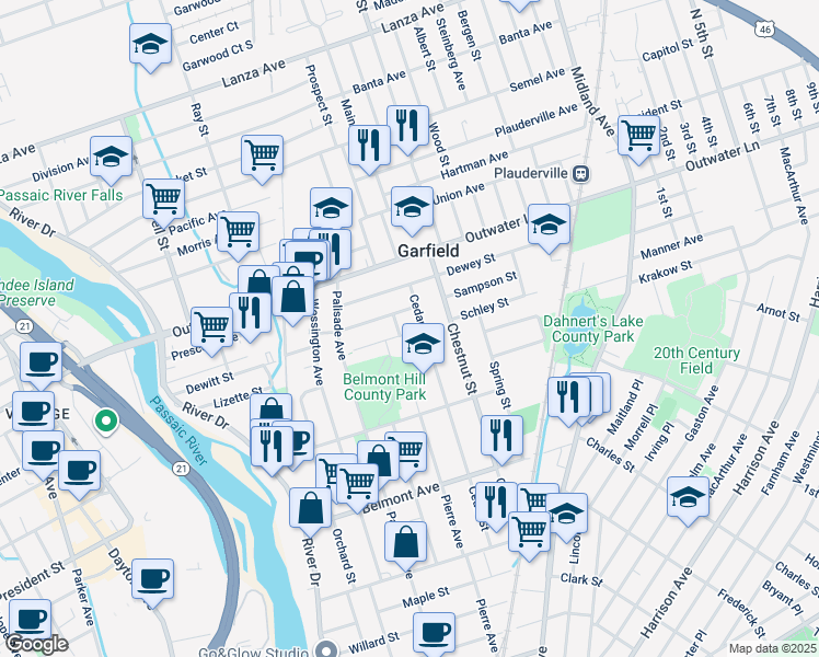 map of restaurants, bars, coffee shops, grocery stores, and more near 168 Cedar Street in Garfield