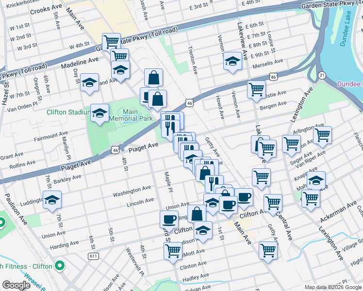 map of restaurants, bars, coffee shops, grocery stores, and more near 1280 Main Avenue in Clifton