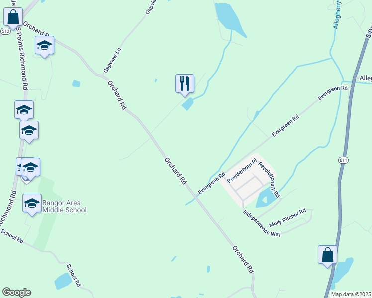 map of restaurants, bars, coffee shops, grocery stores, and more near 673 Orchard Road in Mount Bethel