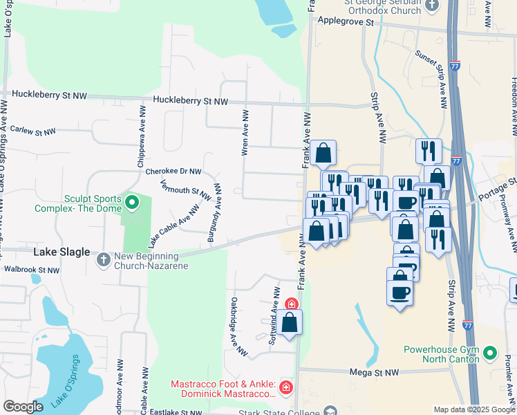 map of restaurants, bars, coffee shops, grocery stores, and more near 5205 Portage Street Northwest in North Canton