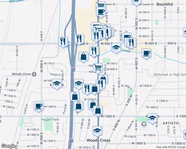 map of restaurants, bars, coffee shops, grocery stores, and more near 990 500 West in Woods Cross