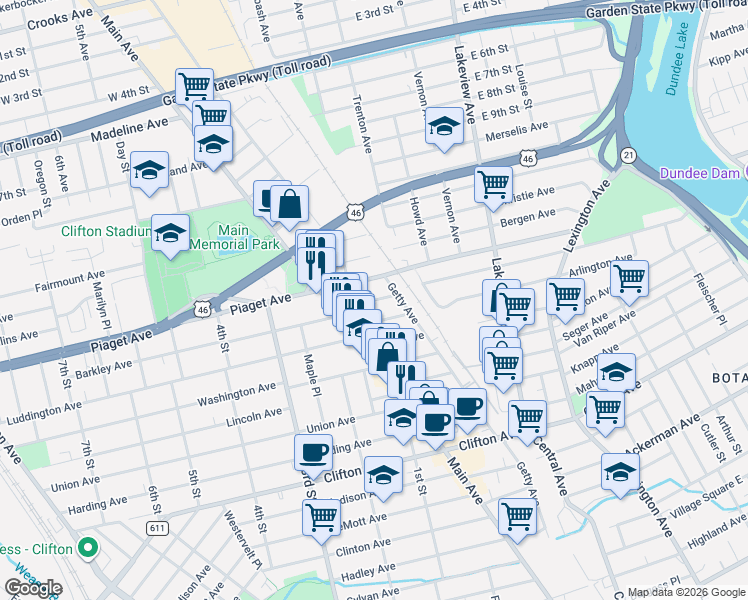 map of restaurants, bars, coffee shops, grocery stores, and more near 23 Hilton Street in Clifton