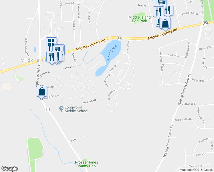 map of restaurants, bars, coffee shops, grocery stores, and more near 179 Lake Pointe Circle in Middle Island