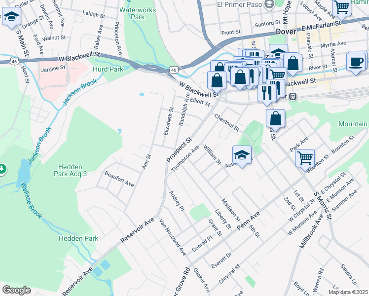 map of restaurants, bars, coffee shops, grocery stores, and more near 128 Thompson Avenue in Dover