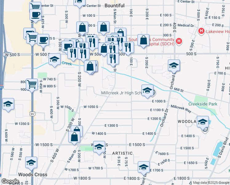map of restaurants, bars, coffee shops, grocery stores, and more near 7 East 1000 South in Bountiful